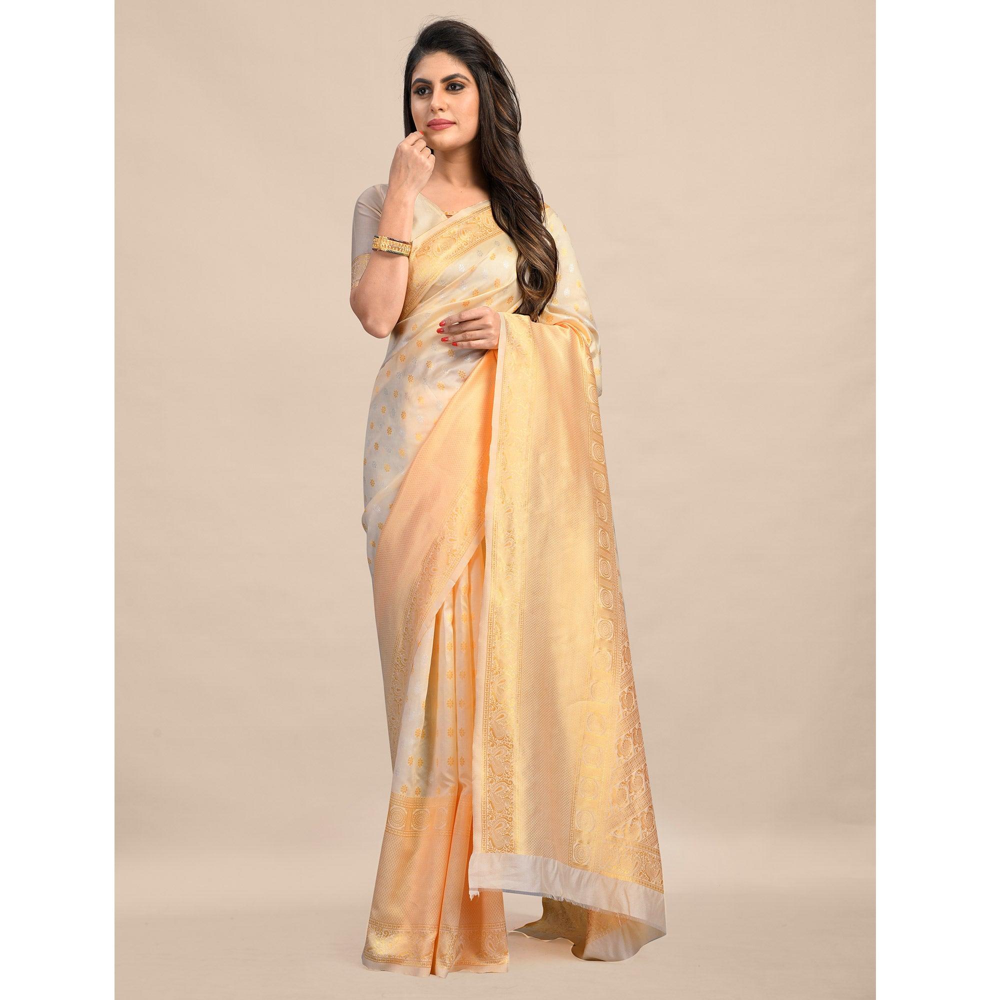 Cream Festive Wear Rich Woven Border Soft Banarasi Silk Saree - Peachmode