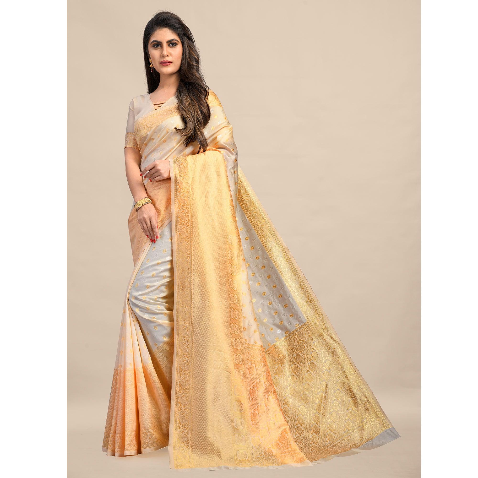 Cream Festive Wear Rich Woven Border Soft Banarasi Silk Saree - Peachmode