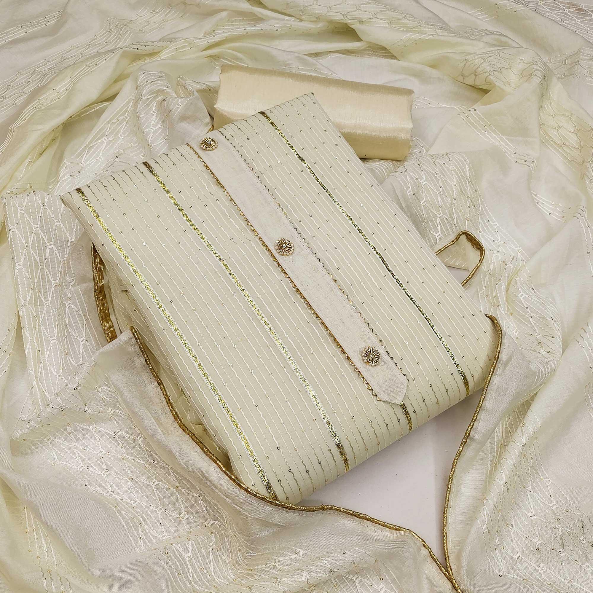 Cream Festive Wear Sequence Embroidered Modal Dress Material - Peachmode