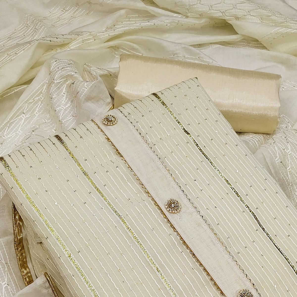 Cream Festive Wear Sequence Embroidered Modal Dress Material - Peachmode