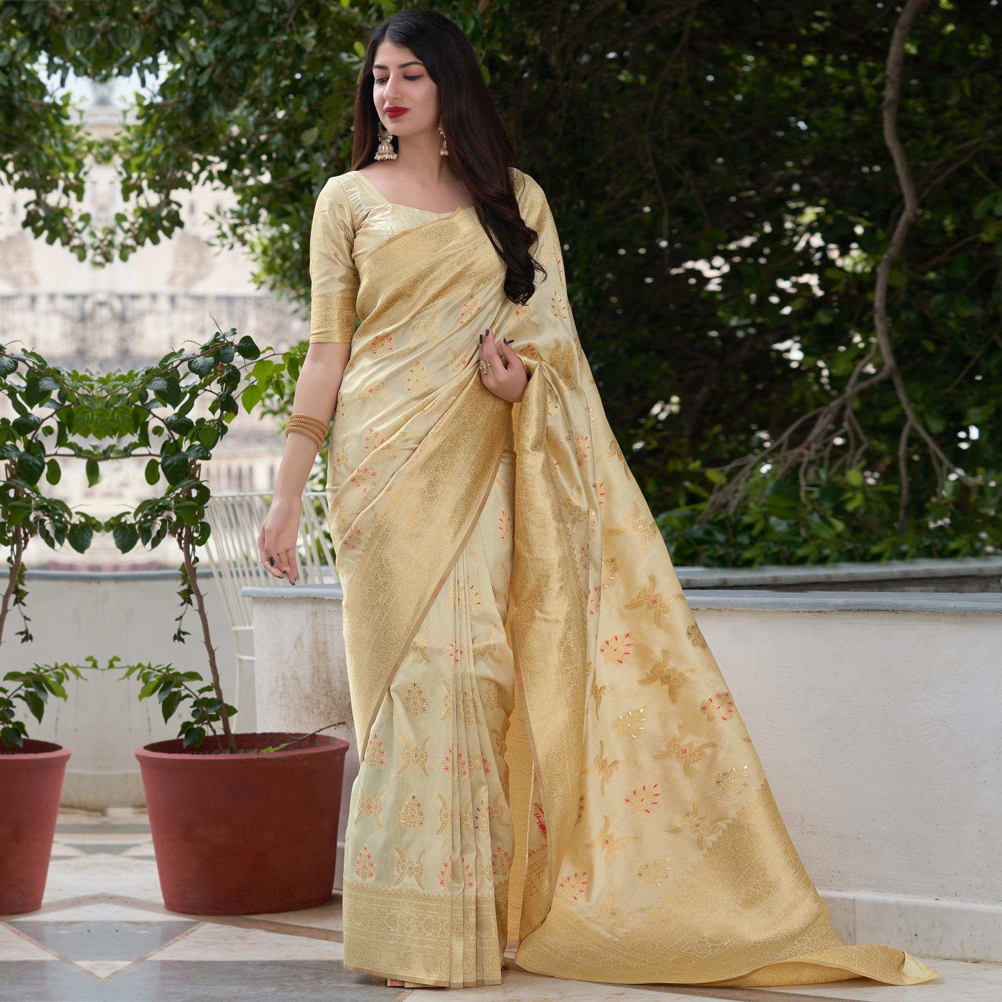Cream Festive Wear Woven Banarasi Art Silk Saree - Peachmode