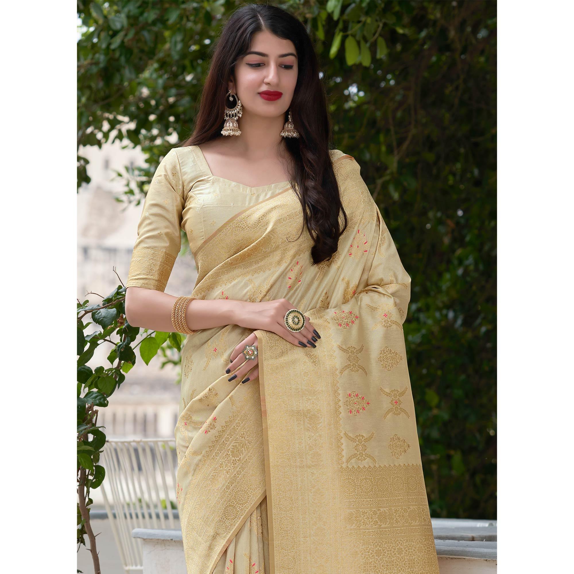 Cream Festive Wear Woven Banarasi Art Silk Saree - Peachmode