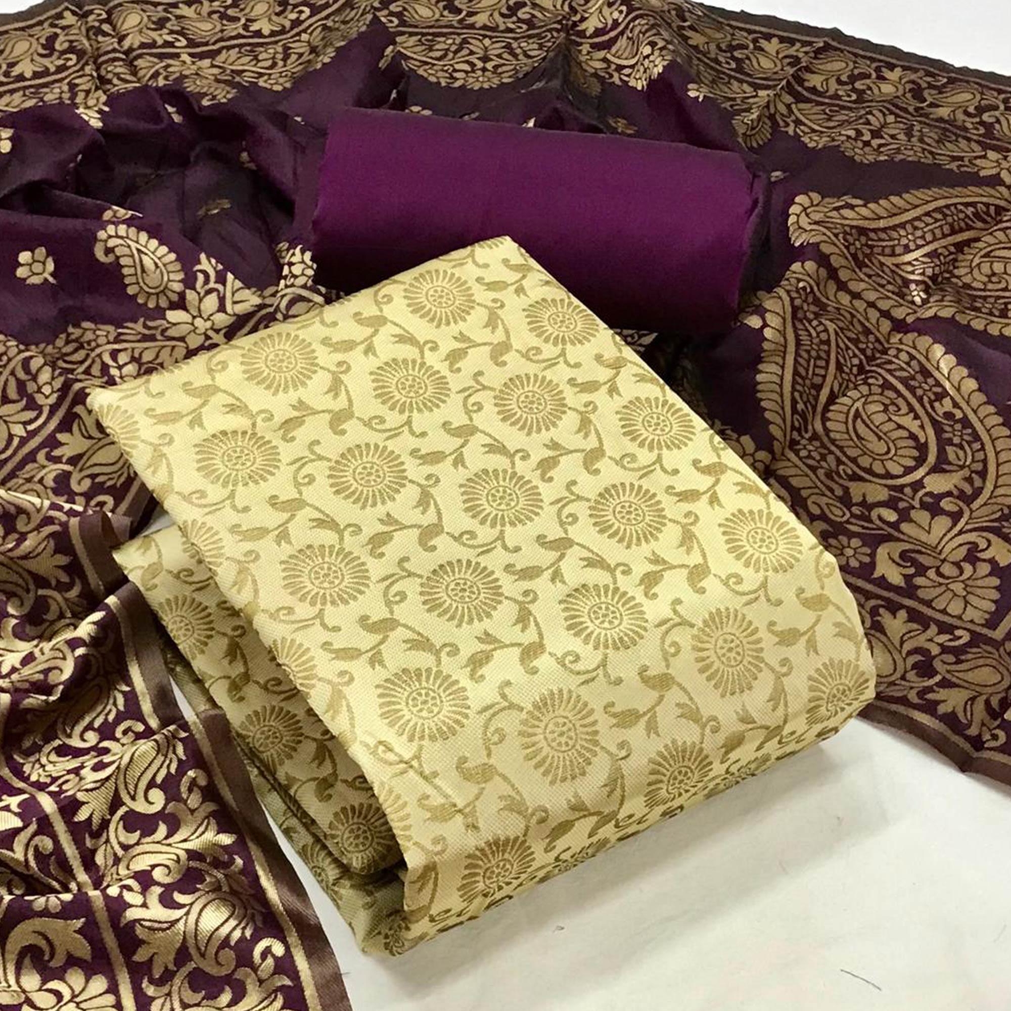 Cream Festive Wear Woven Banarasi Silk Dress Material - Peachmode