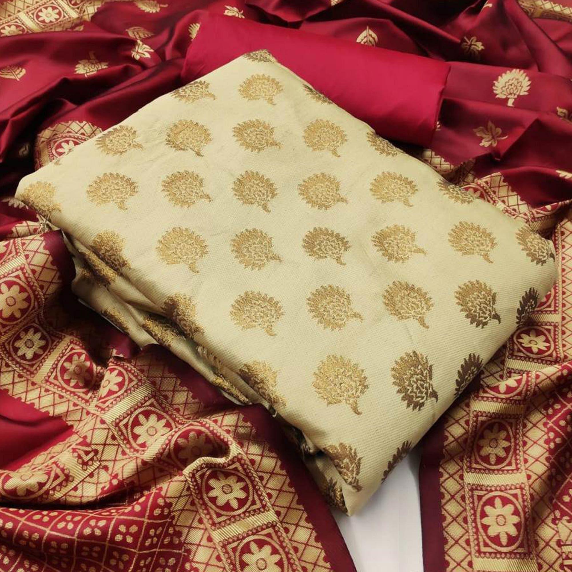 Cream Festive Wear Woven Banarasi Silk Dress Material - Peachmode