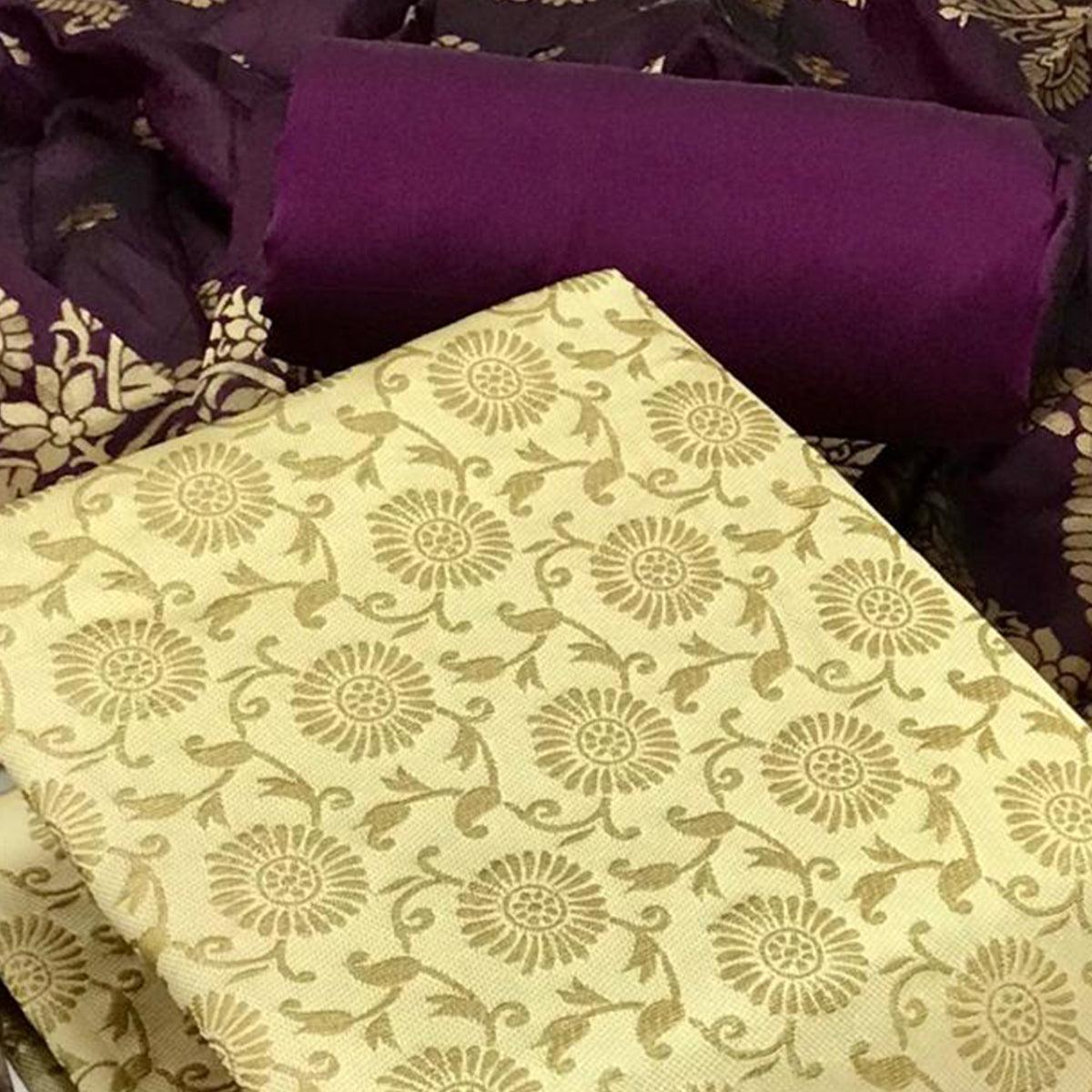 Cream Festive Wear Woven Banarasi Silk Dress Material - Peachmode