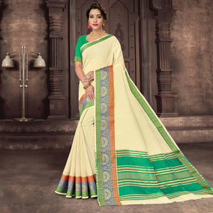 Cream Festive Wear Woven Cotton Handloom Saree - Peachmode