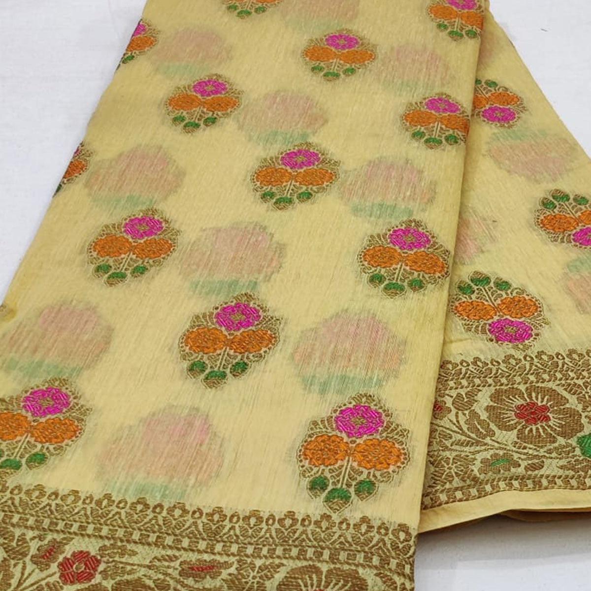 Cream Festive Wear Woven Cotton Saree With Meena Butta Pallu - Peachmode
