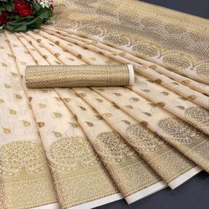 Cream Festive Wear Woven Cotton Saree With Zari Border - Peachmode