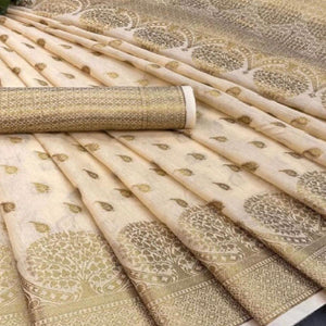 Cream Festive Wear Woven Cotton Saree With Zari Border - Peachmode