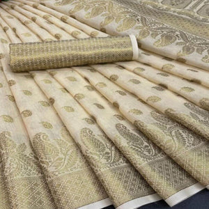 Cream Festive Wear Woven Cotton Saree With Zari Border - Peachmode