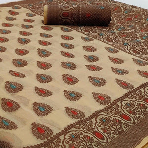 Cream Festive Wear Woven Cotton Silk Saree - Peachmode
