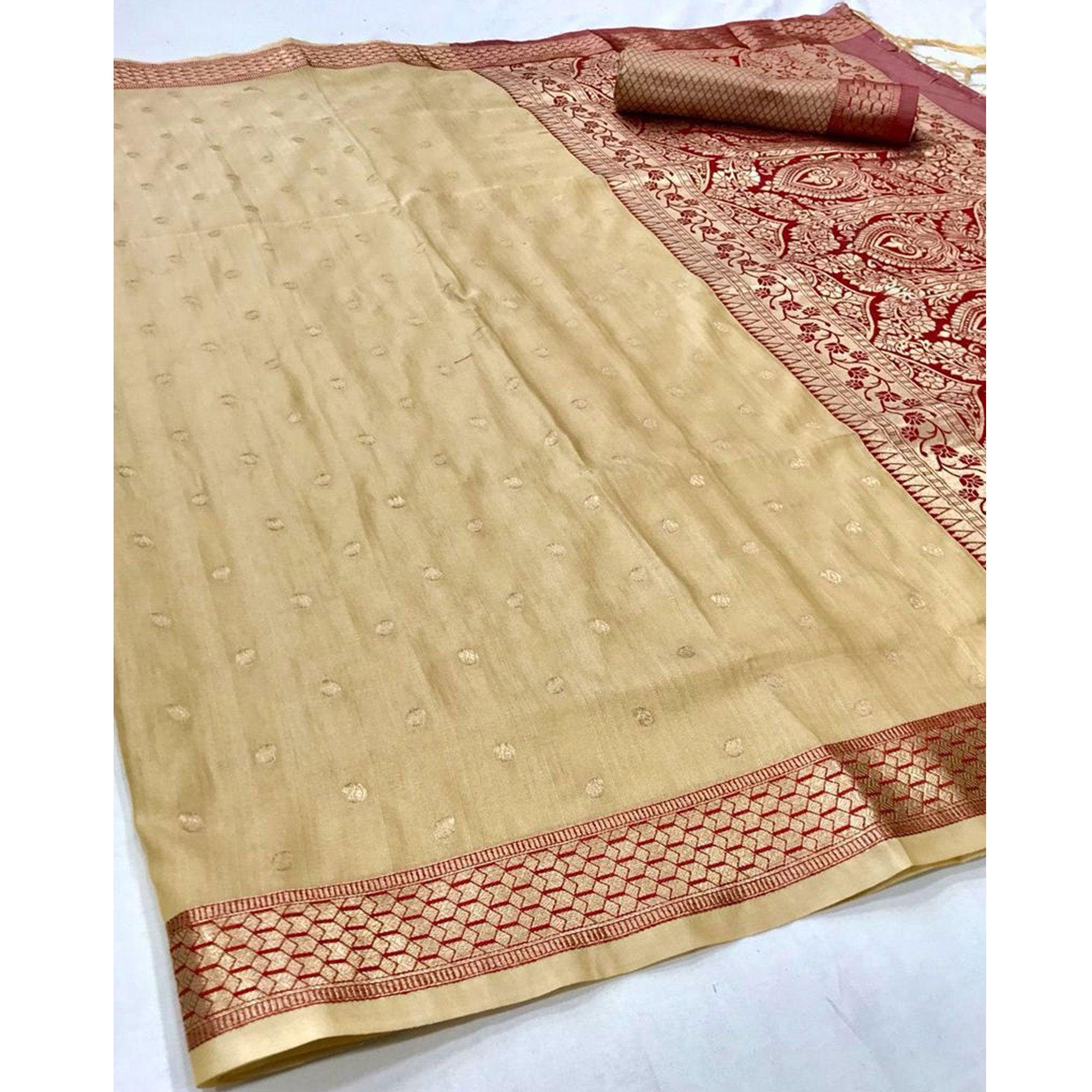 Cream Festive Wear Woven Handloom Silk Saree - Peachmode