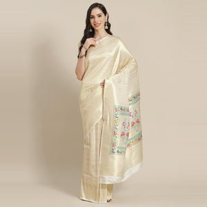 Cream Festive Wear Woven Kanjivaram Silk Saree - Peachmode