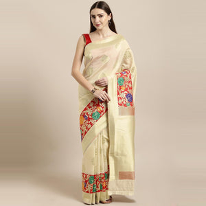 Cream Festive Wear Woven Kanjivaram Silk Saree - Peachmode