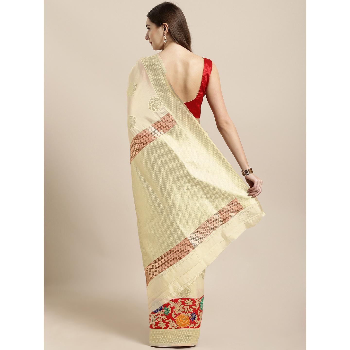 Cream Festive Wear Woven Kanjivaram Silk Saree - Peachmode