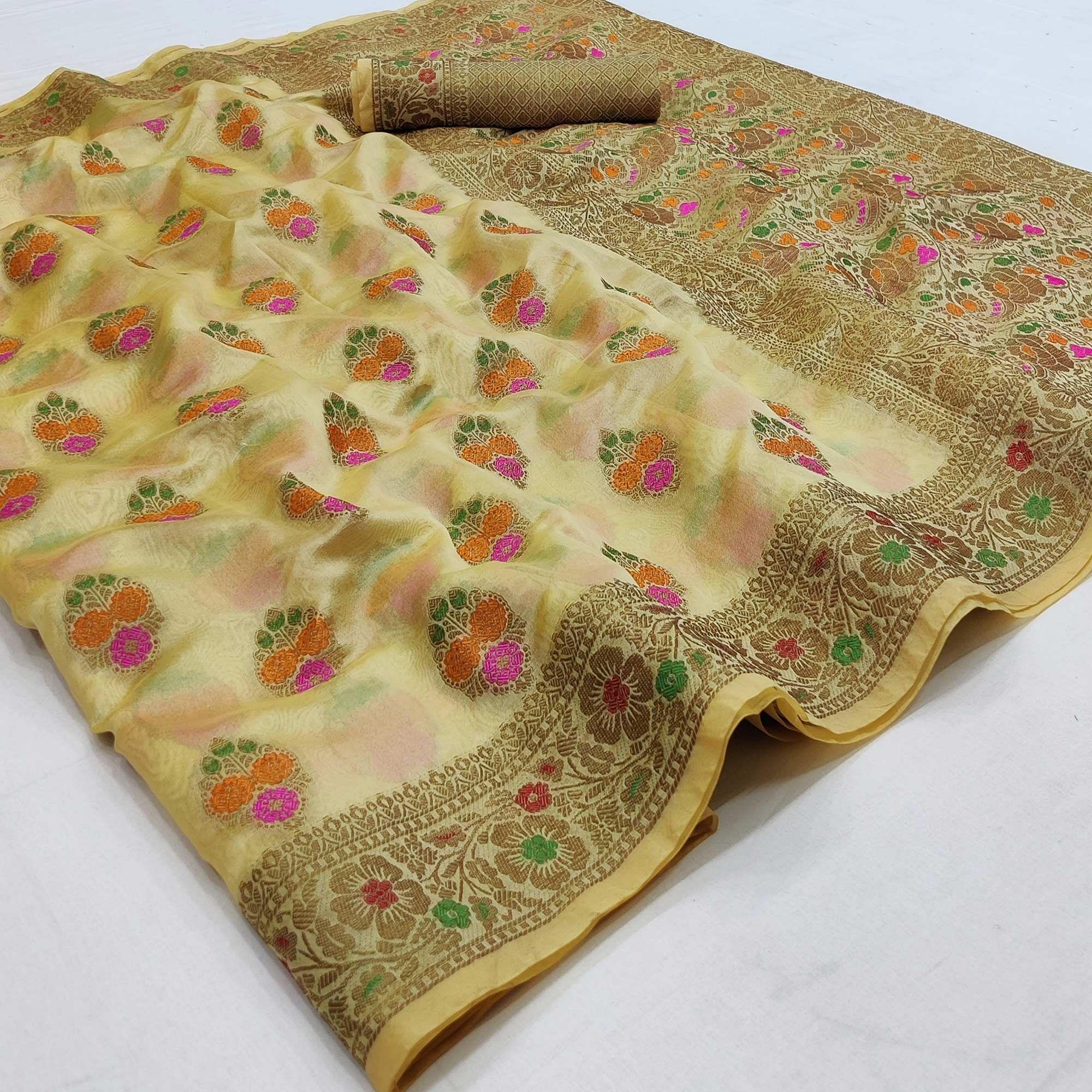 Cream Festive Wear Woven Organza Saree - Peachmode