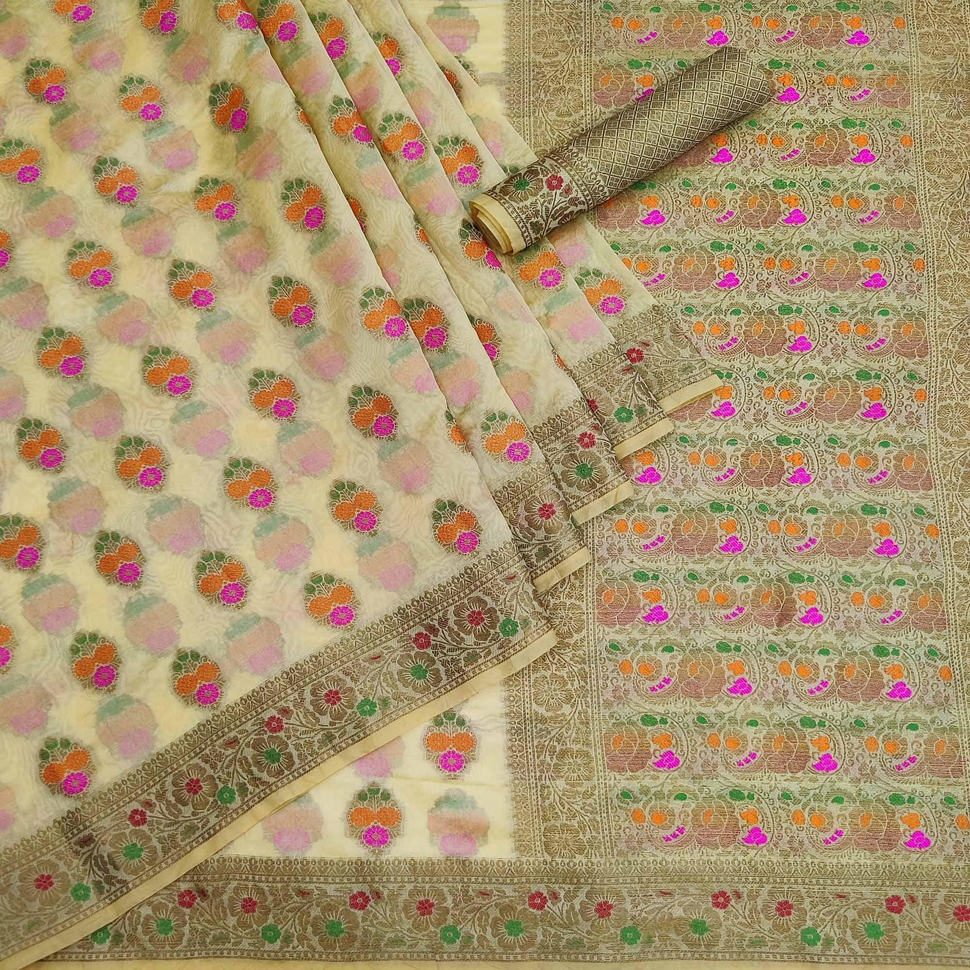 Cream Festive Wear Woven Organza Saree - Peachmode