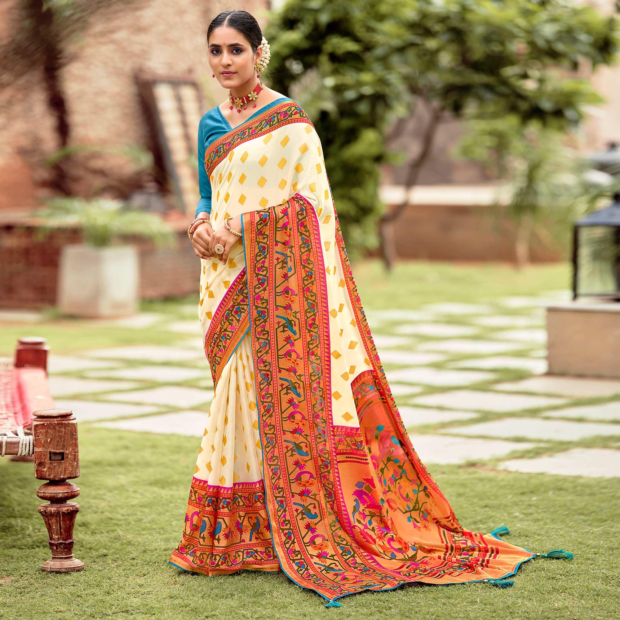 Cream Festive Wear Woven Paithani Silk Brasso Saree - Peachmode