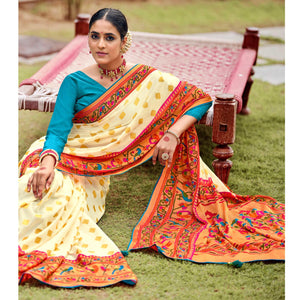 Cream Festive Wear Woven Paithani Silk Brasso Saree - Peachmode