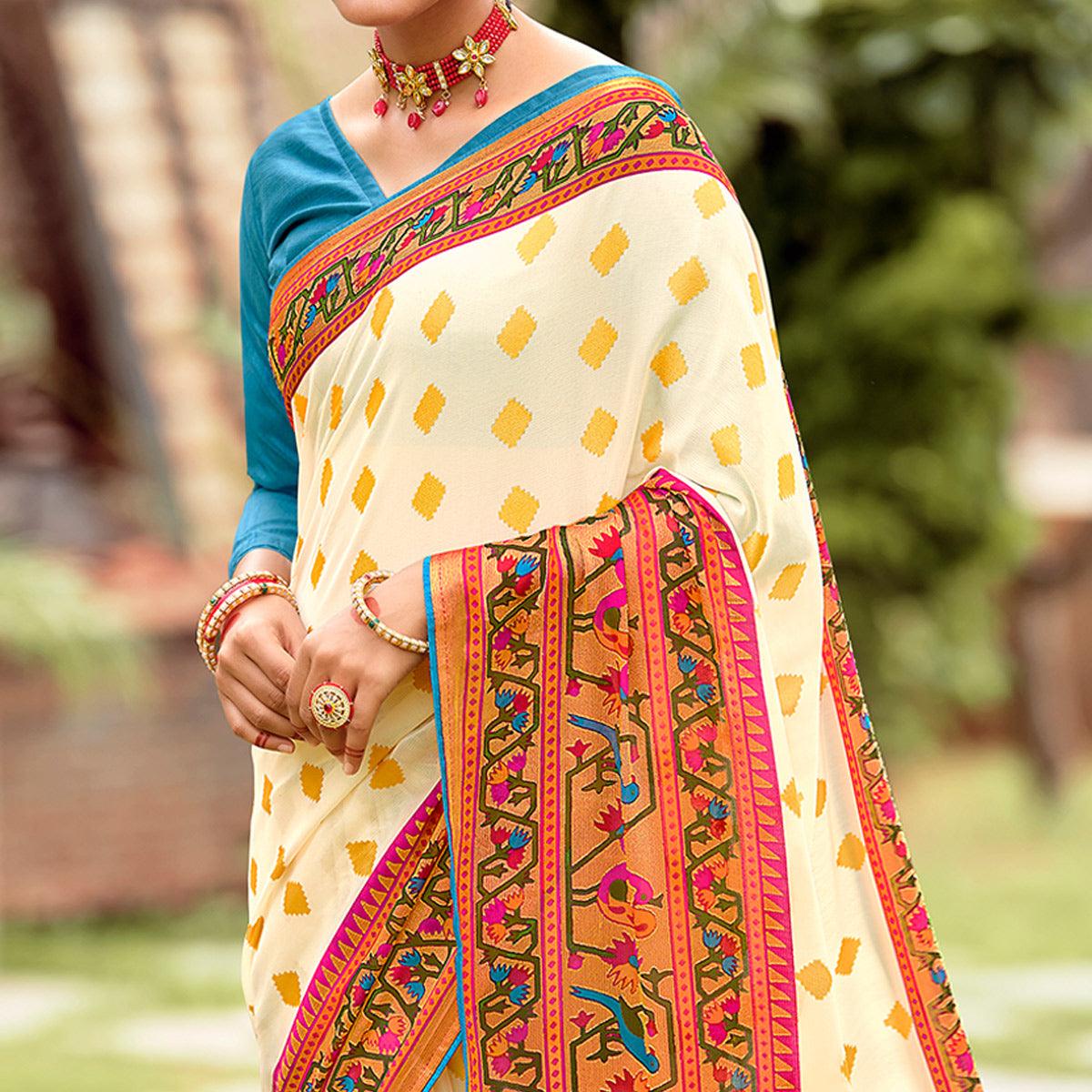 Cream Festive Wear Woven Paithani Silk Brasso Saree - Peachmode