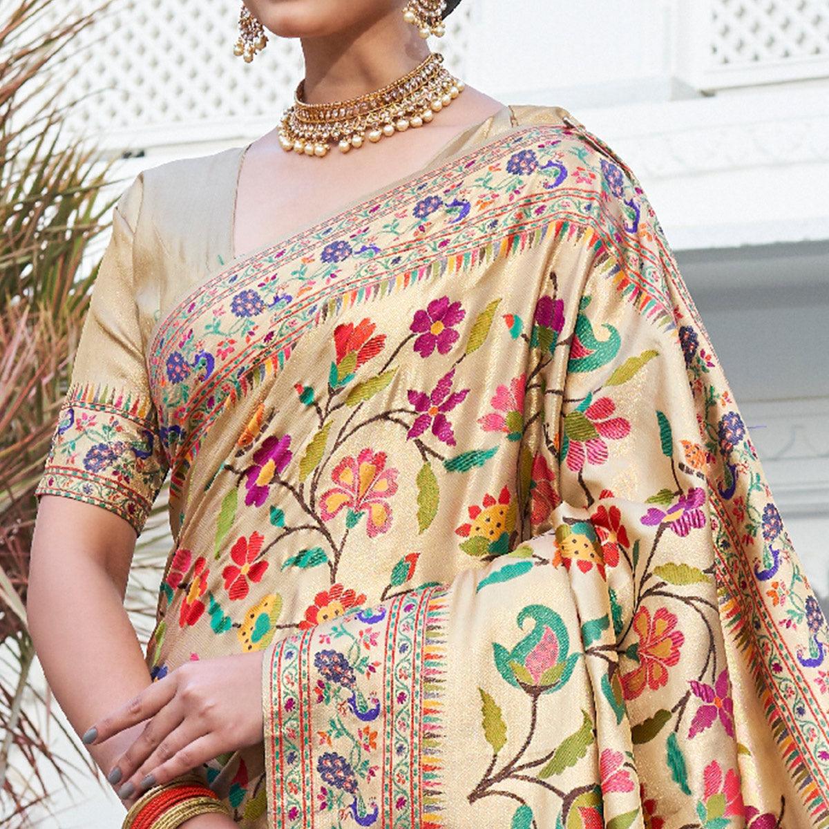 Cream Festive Wear Woven Pure Paithani Silk Saree - Peachmode