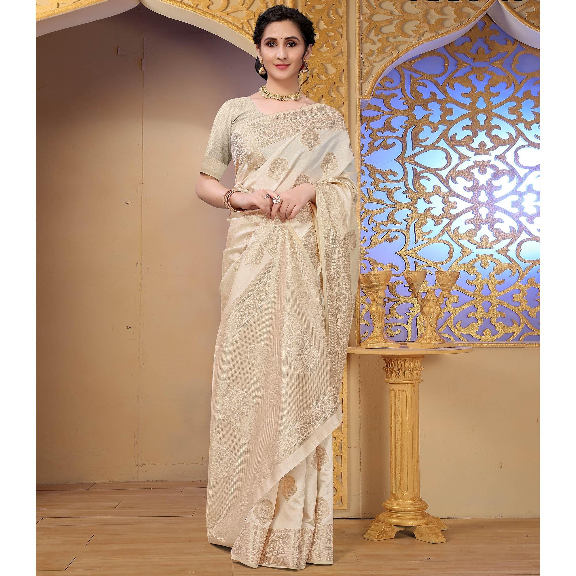 Cream Festive Wear Woven Raw Silk Saree - Peachmode