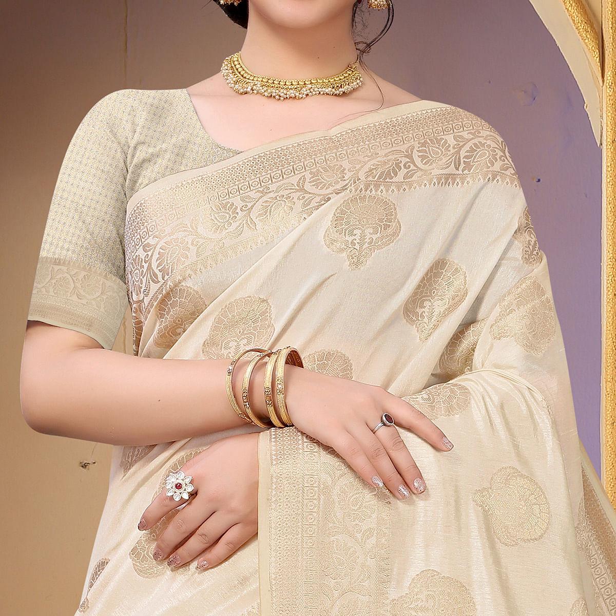 Cream Festive Wear Woven Raw Silk Saree - Peachmode