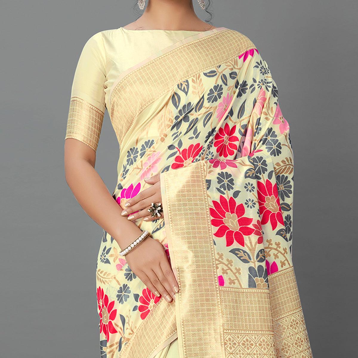 Cream Festive Wear Woven Silk Blend
Saree - Peachmode