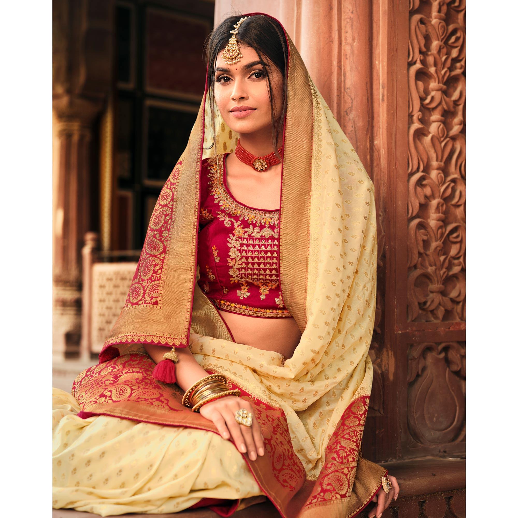 Cream Festive Wear Woven Silk Saree - Peachmode
