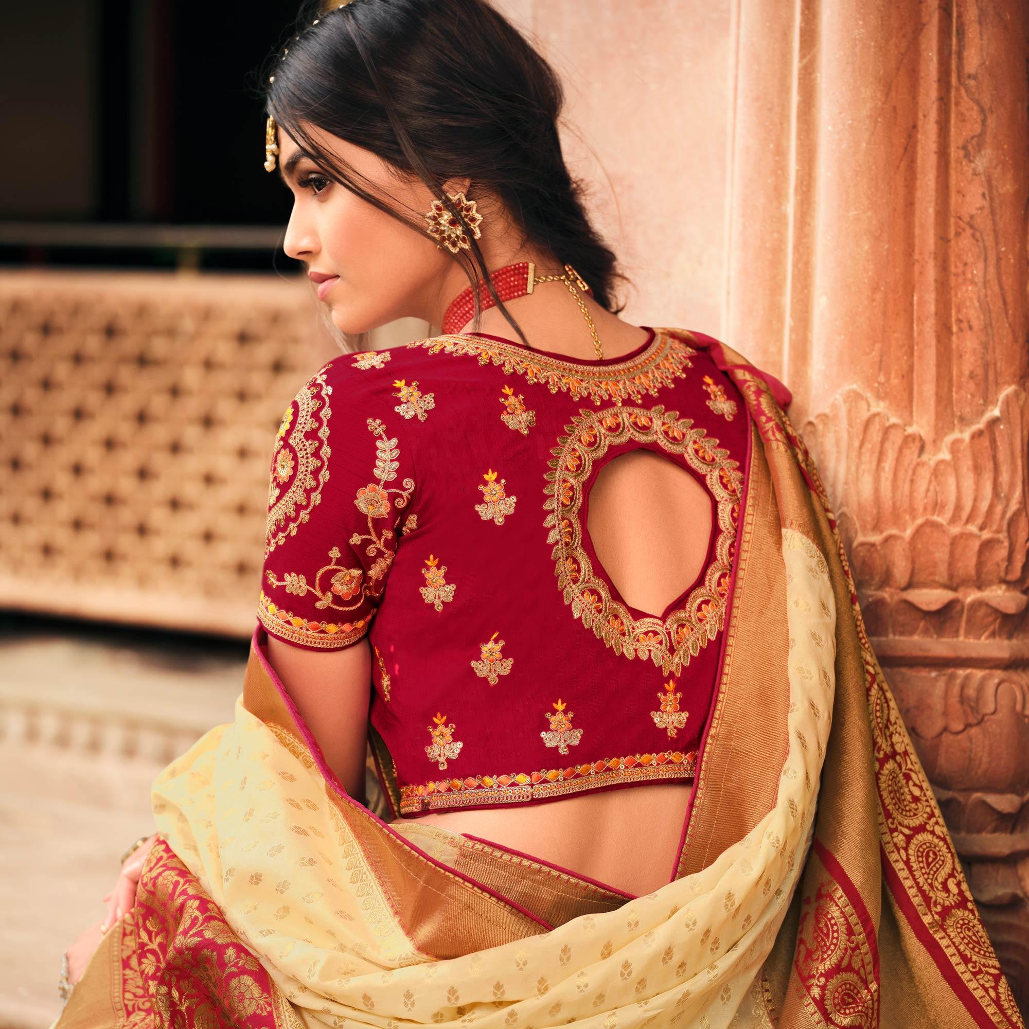 Cream Festive Wear Woven Silk Saree - Peachmode