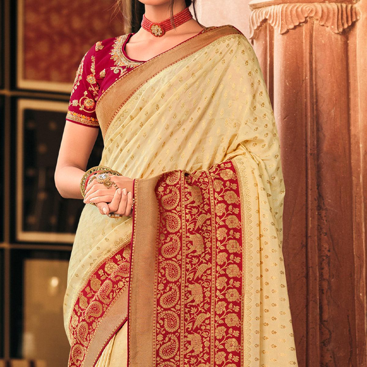Cream Festive Wear Woven Silk Saree - Peachmode