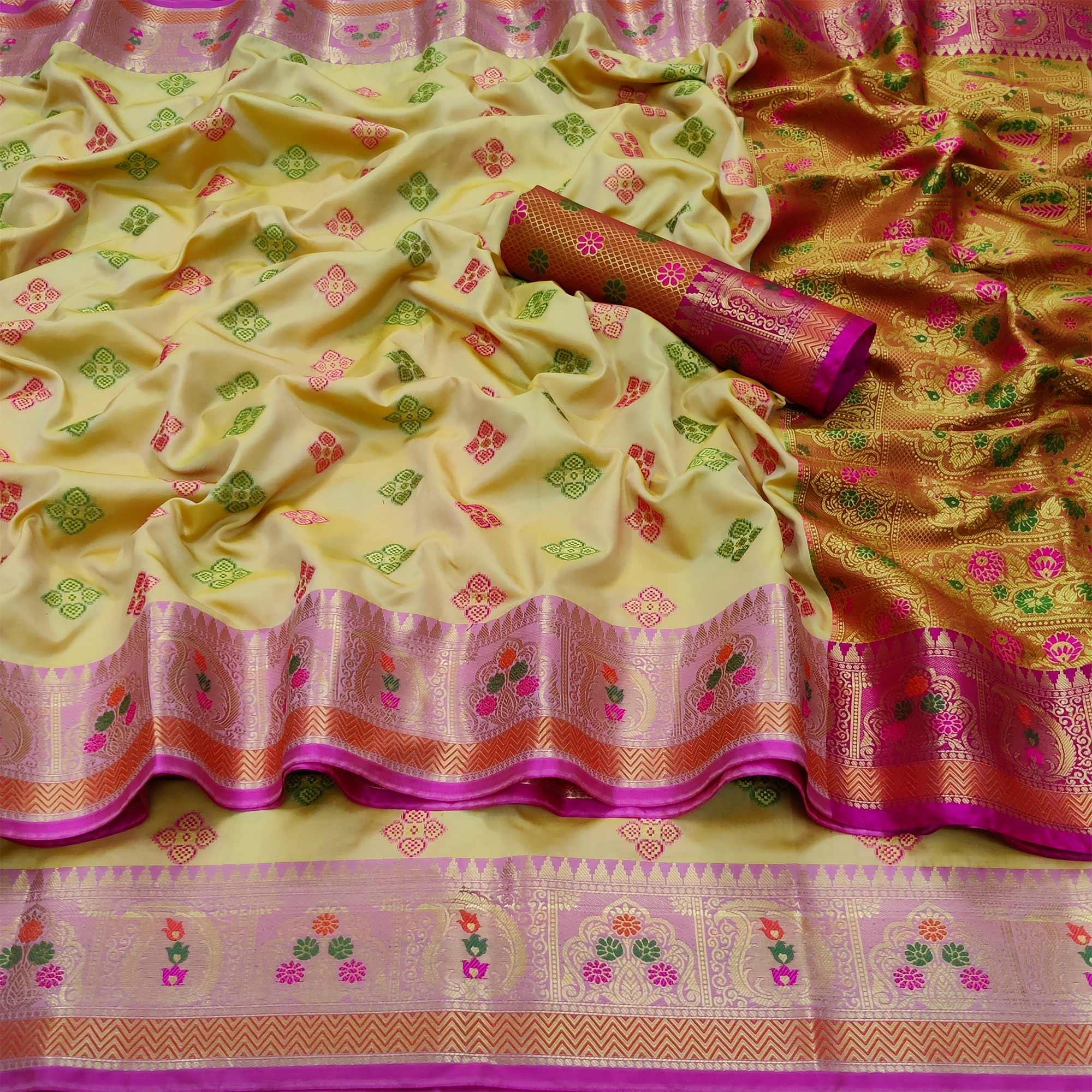 Cream Festive Wear Woven Soft Banarasi Silk Saree - Peachmode