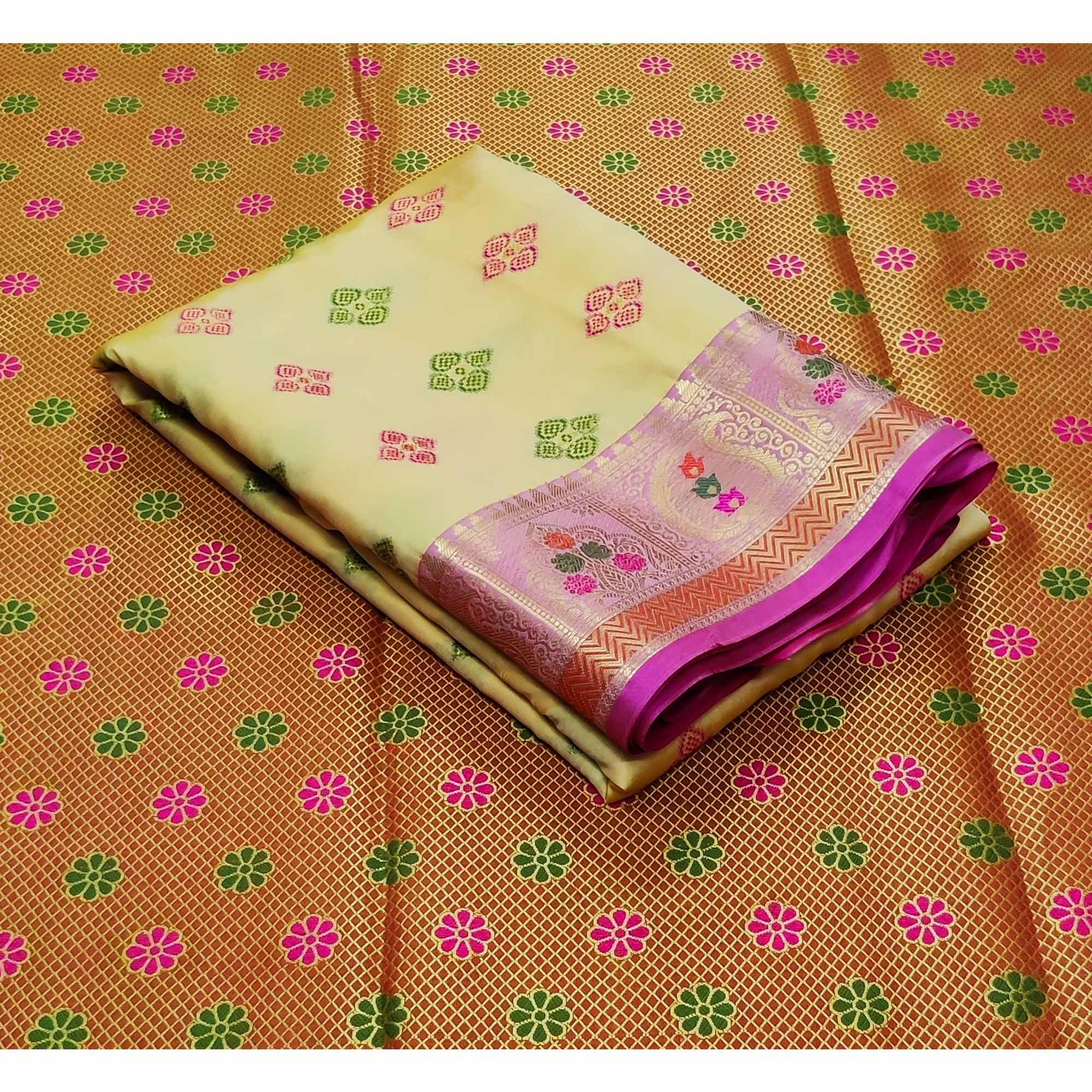 Cream Festive Wear Woven Soft Banarasi Silk Saree - Peachmode