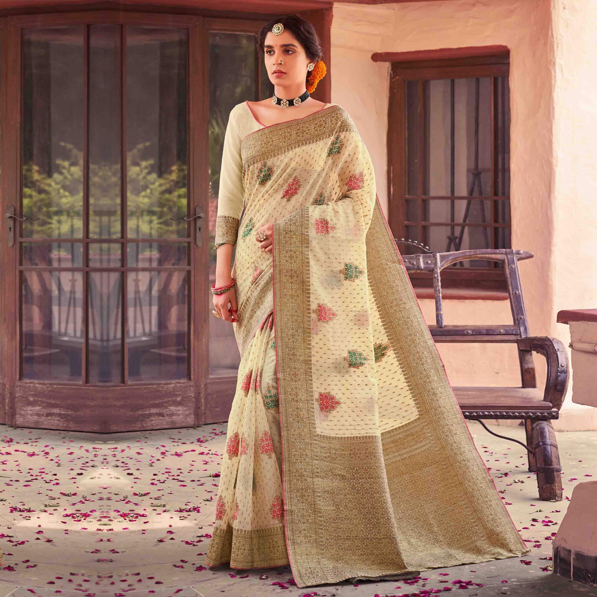 Cream Festive Wear Woven Soft Cotton Saree - Peachmode