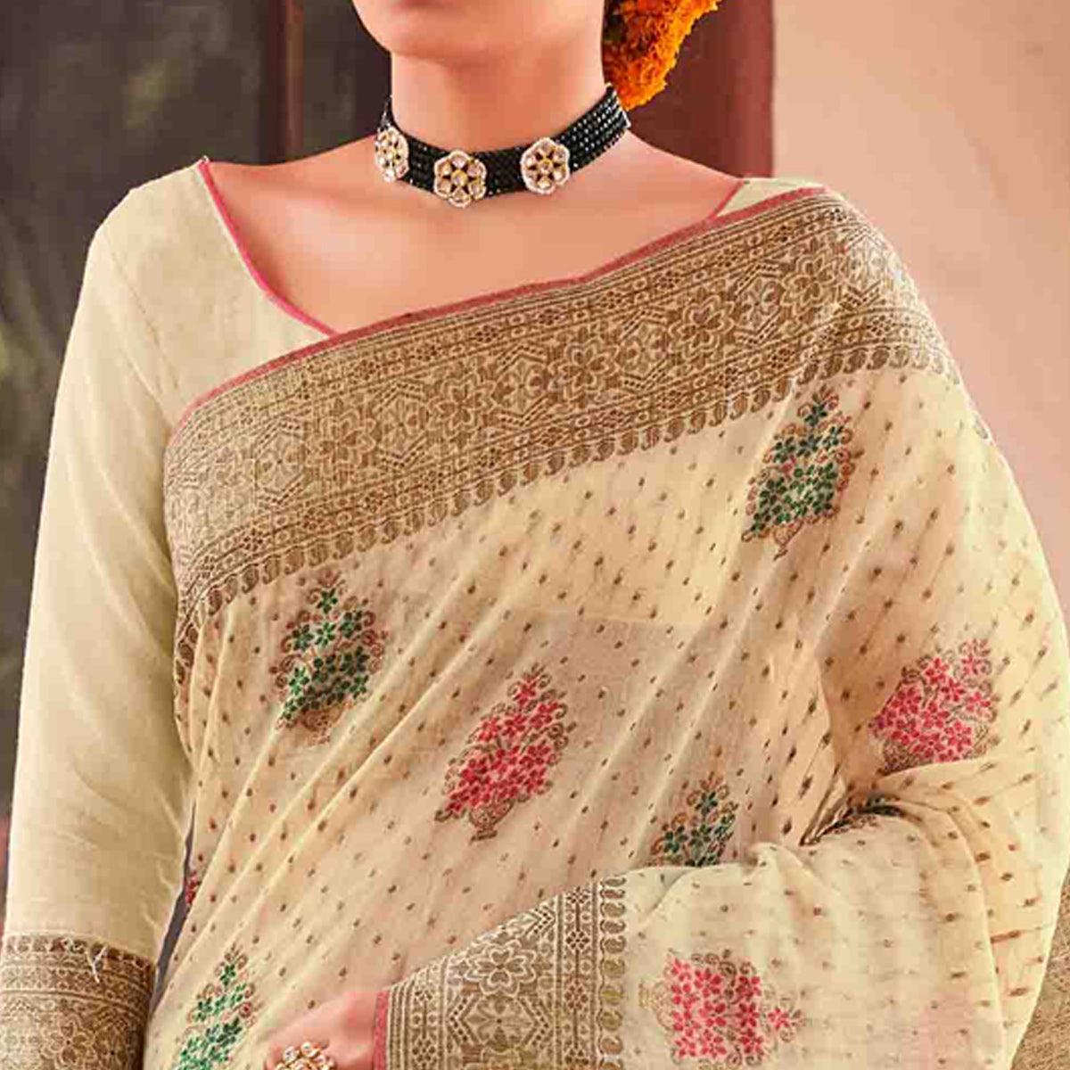 Cream Festive Wear Woven Soft Cotton Saree - Peachmode