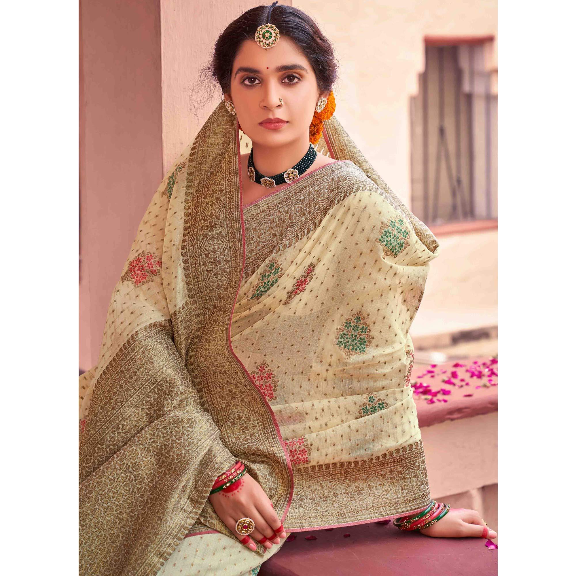 Cream Festive Wear Woven Soft Cotton Saree - Peachmode