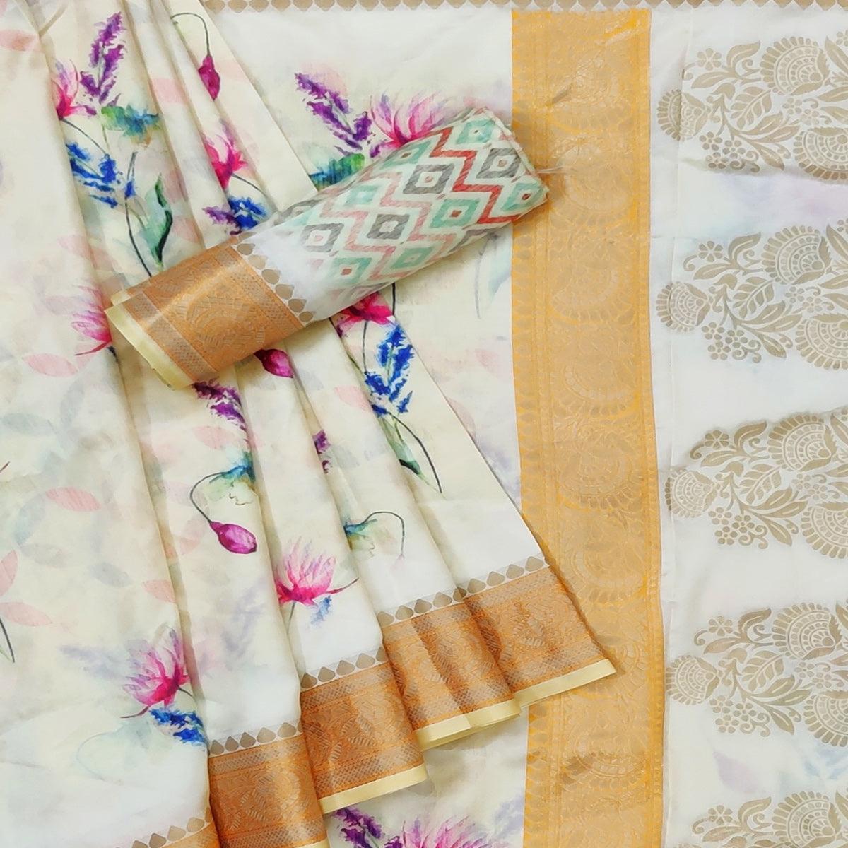 Cream Festive Wear Woven With Digital Floral Printed Silk Saree - Peachmode