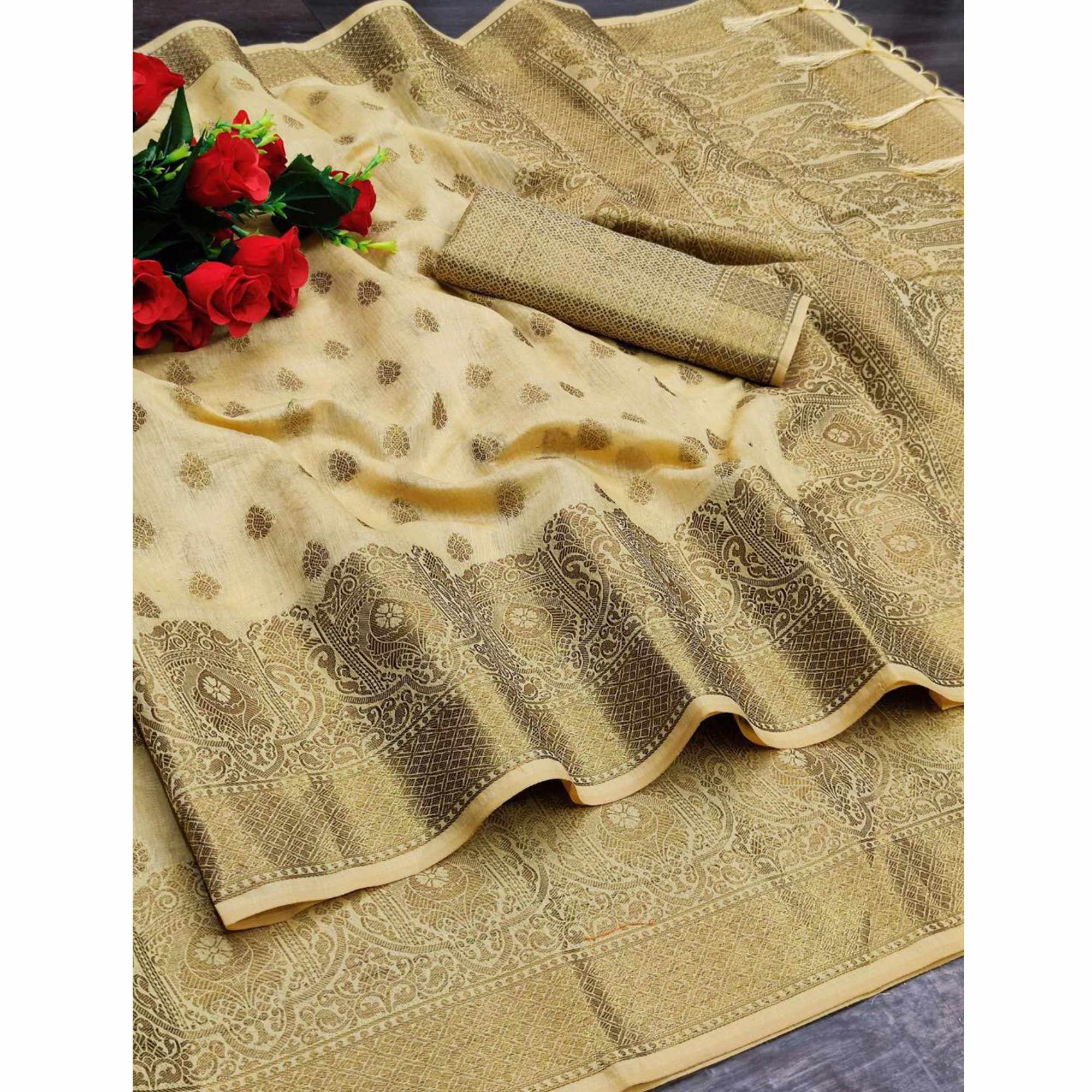 Cream Festive Wear Woven With Meena Butta Rich Pallu Cotton Saree - Peachmode