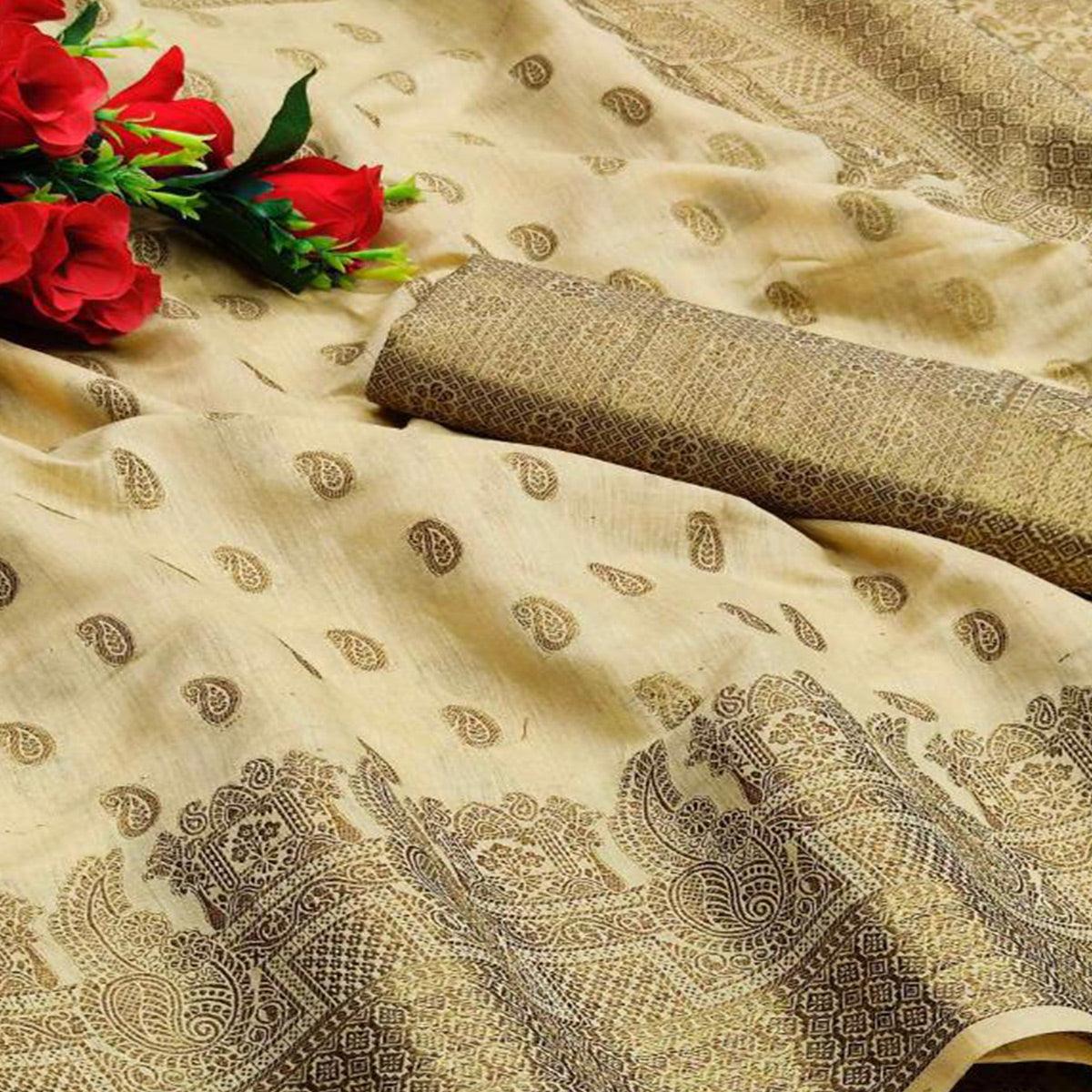 Cream Festive Wear Woven With Meena Butta Rich Pallu Cotton Saree - Peachmode