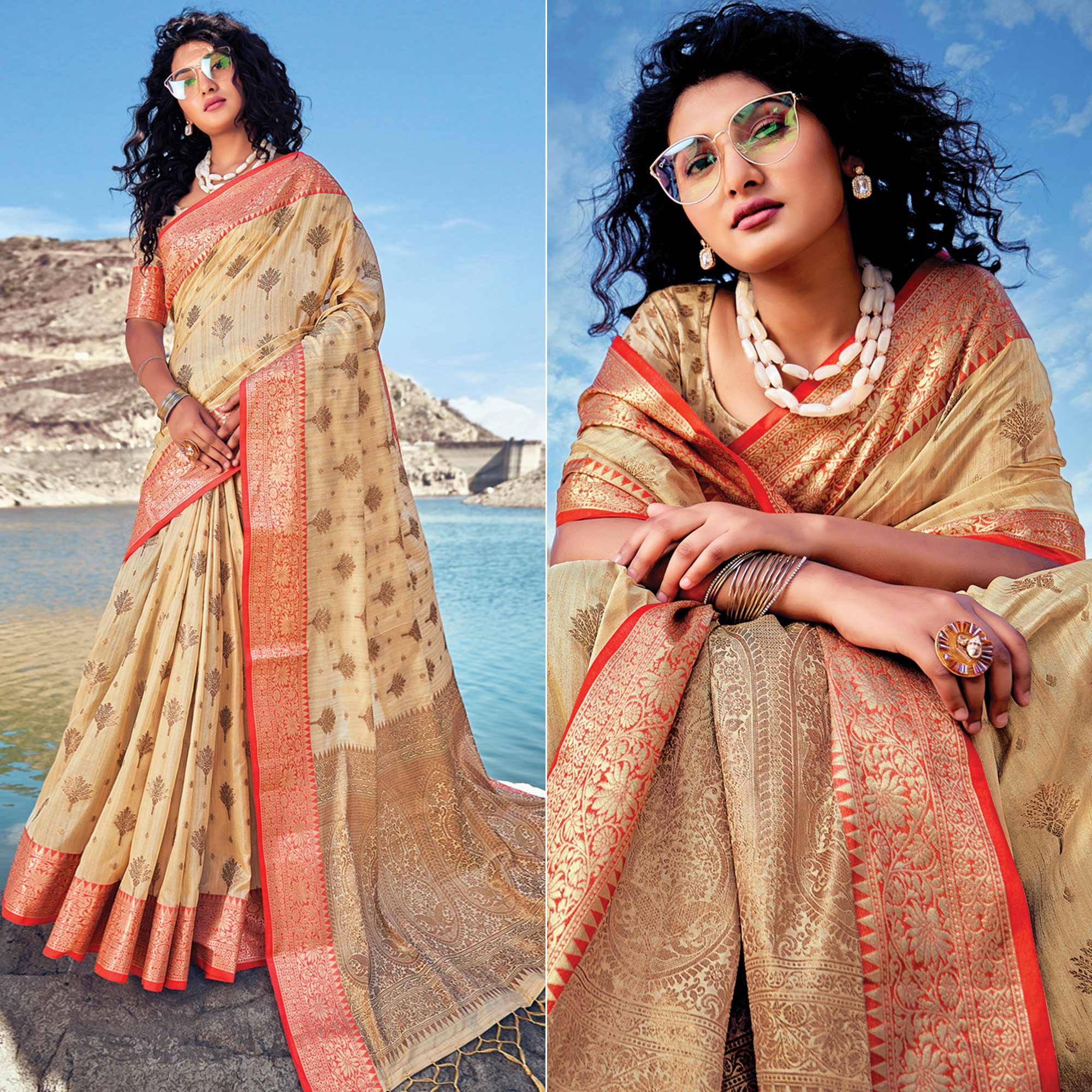 Cream Festive Wear Zari Woven Banarasi Silk Saree - Peachmode