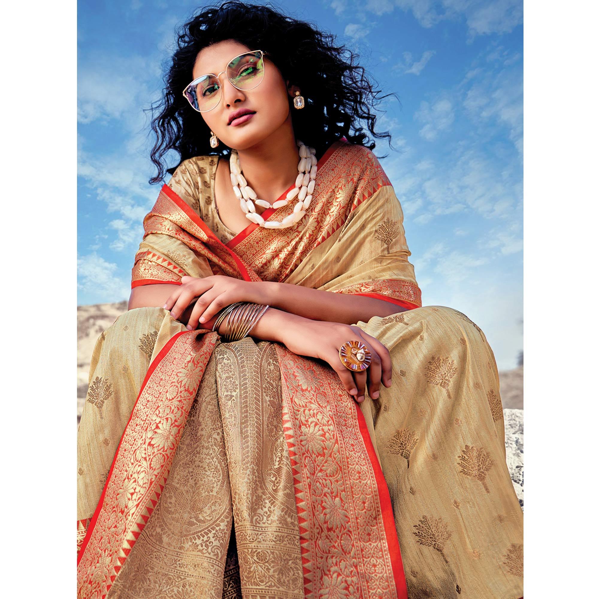 Cream Festive Wear Zari Woven Banarasi Silk Saree - Peachmode