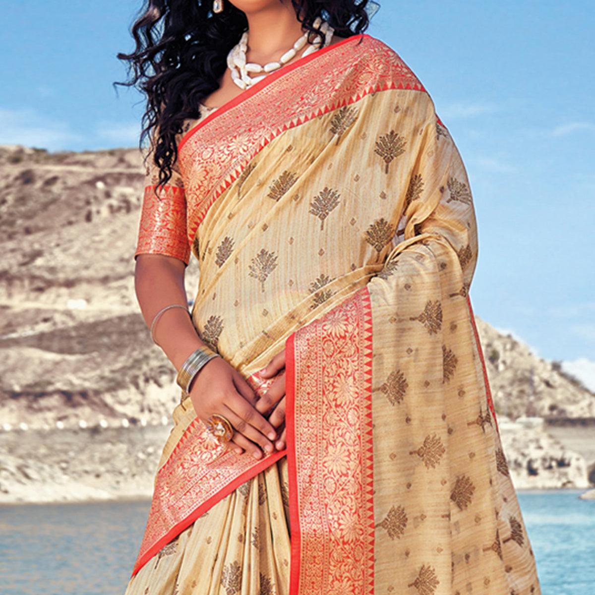 Cream Festive Wear Zari Woven Banarasi Silk Saree - Peachmode