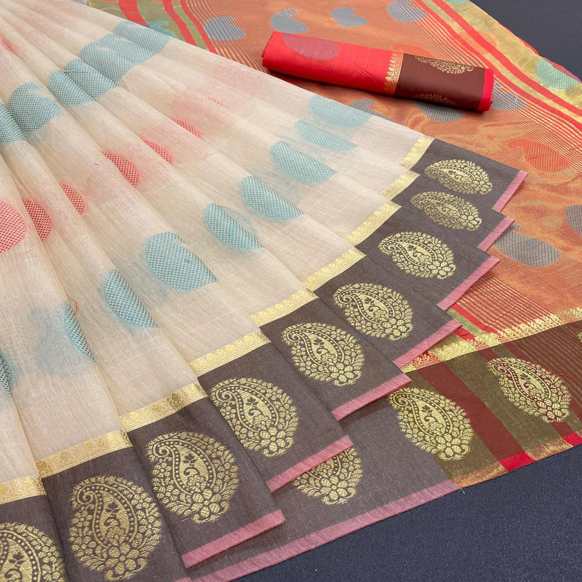 Cream Festive Wear Zari Woven Soft Cotton Silk Saree - Peachmode