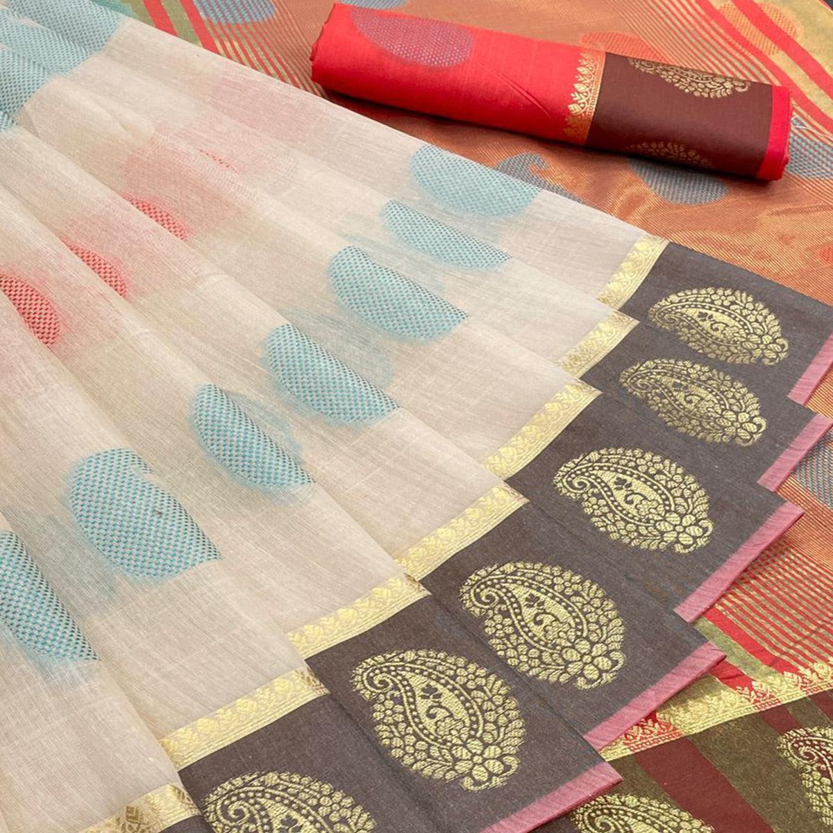 Cream Festive Wear Zari Woven Soft Cotton Silk Saree - Peachmode