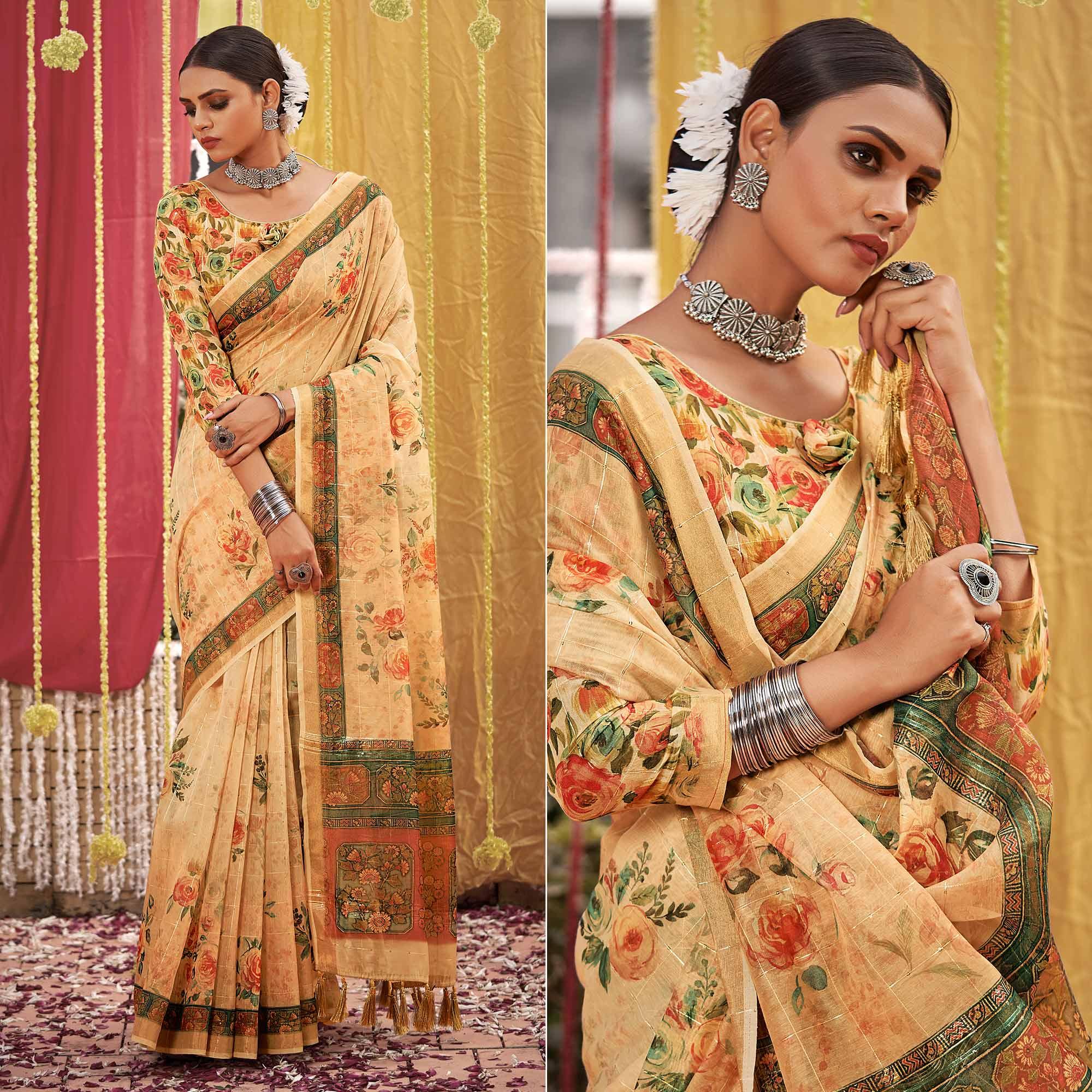 Cream Floral Digital Printed Linen Saree With Tassels - Peachmode