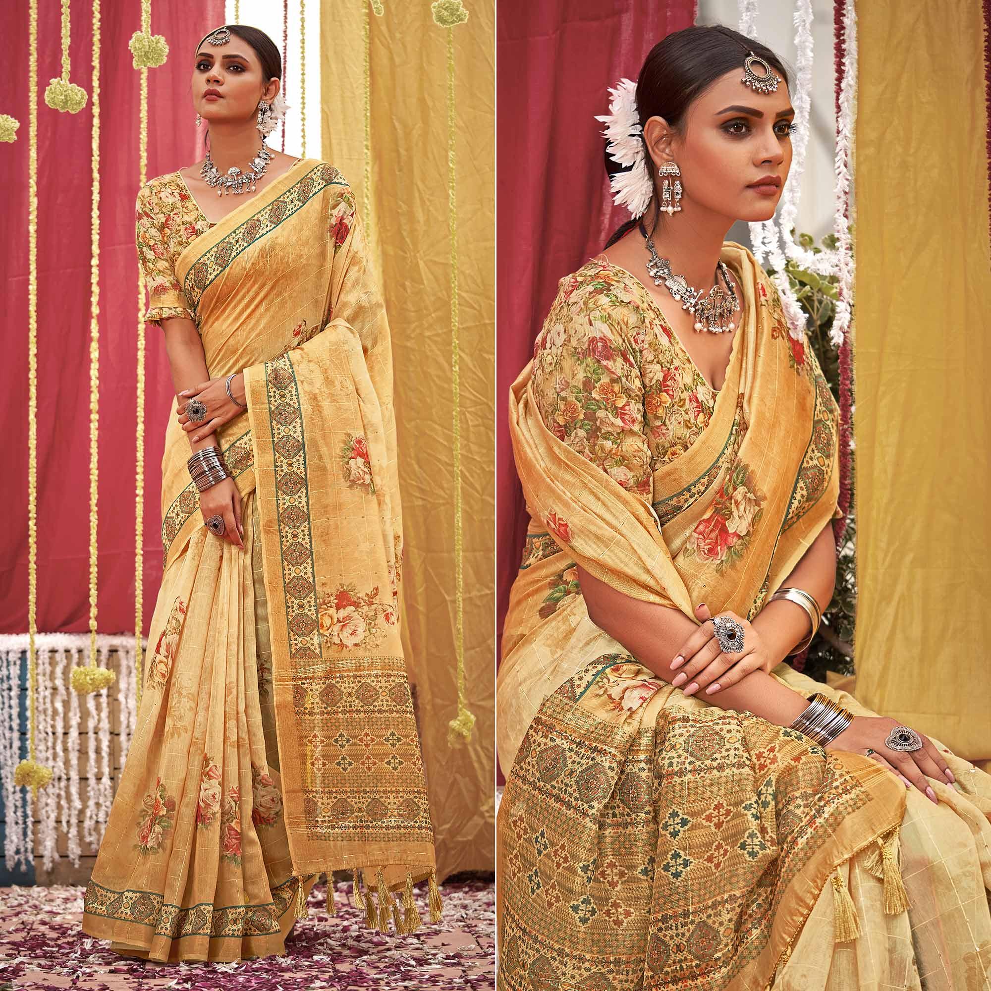 Cream Floral Digital Printed Linen Saree With Tassels - Peachmode