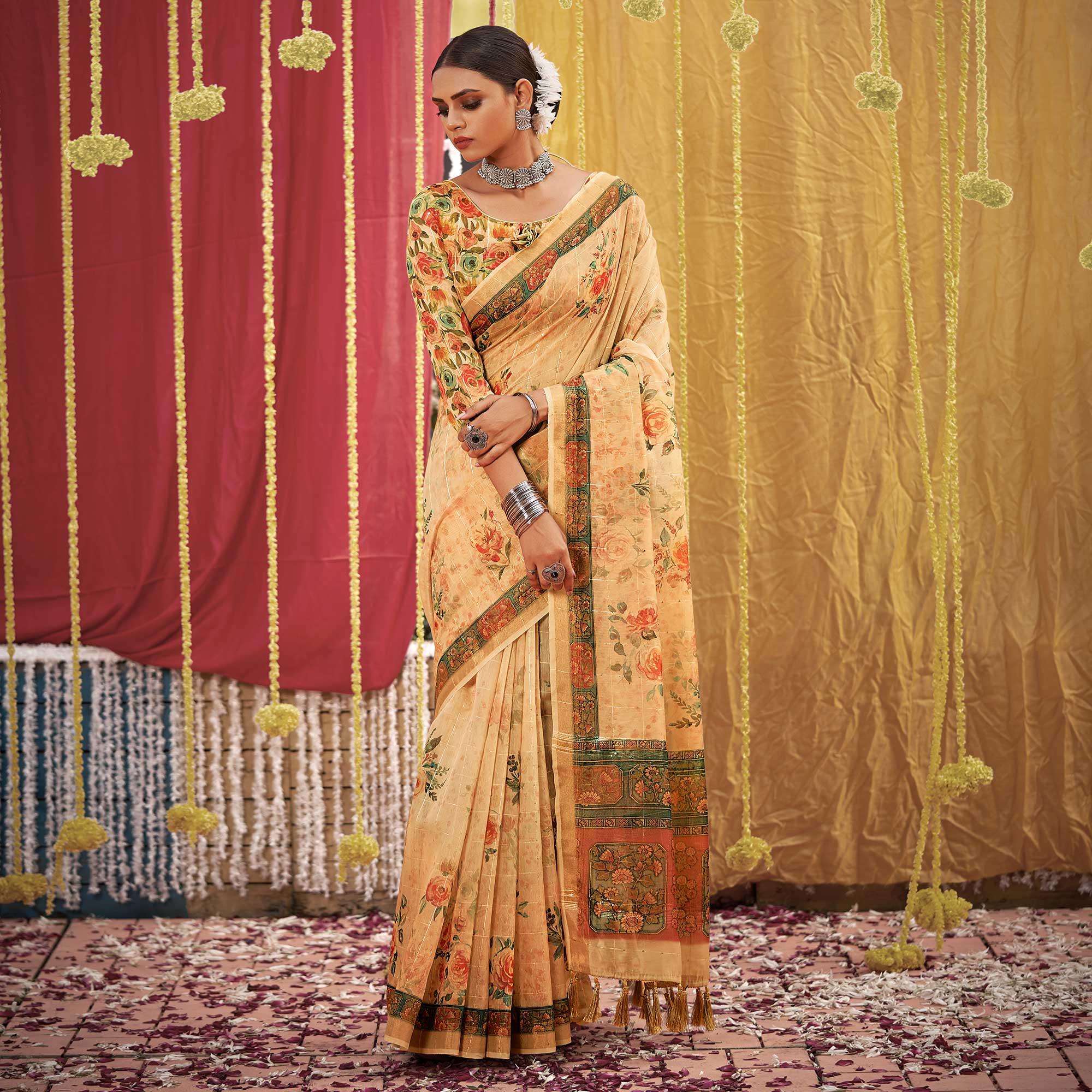 Cream Floral Digital Printed Linen Saree With Tassels - Peachmode
