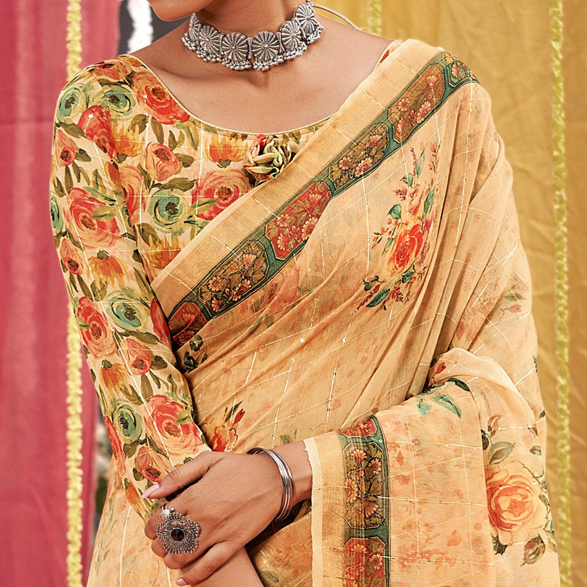 Cream Floral Digital Printed Linen Saree With Tassels - Peachmode