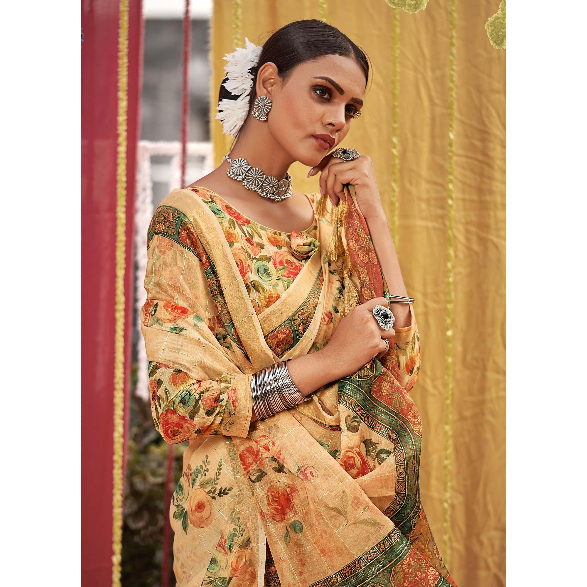 Cream Floral Digital Printed Linen Saree With Tassels - Peachmode