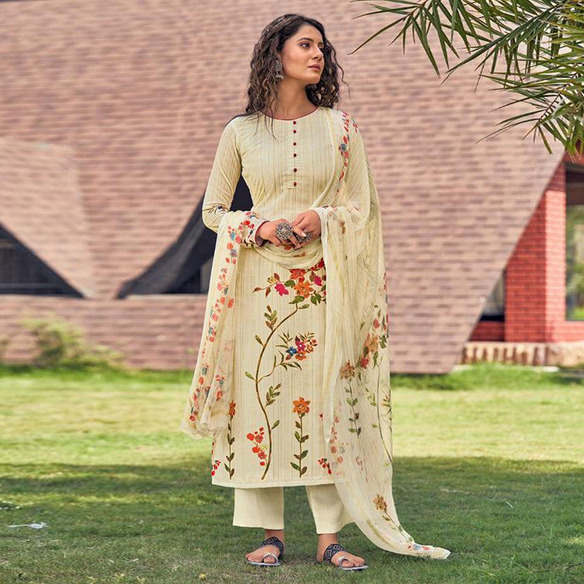 Cream Floral Digital Printed With Handwork Cambric Cotton Partywear Suit - Peachmode